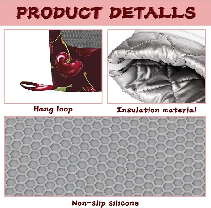 Red Cherry Heat-Resistant Silicone Oven Mitts and Pot Holders, Long Oven Gloves - Image 3