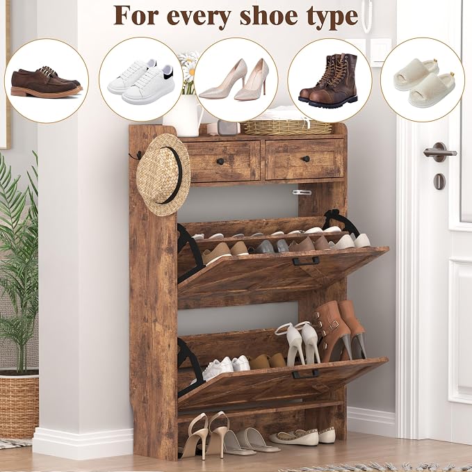 Thacuok Shoe Cabinet with 2 Flip Drawers & 2 Storage Drawers, Rustic Farmhouse - Image 8