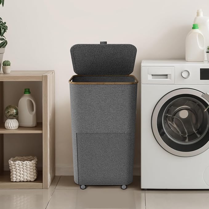 Laundry Basket with Wheels and Handle - 100L Bamboo-Fabric Laundry Hamper with - Image 7