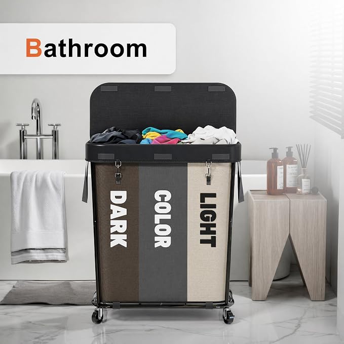Laundry Sorter with Wheels 240L Rolling Laundry Cart, 3 Compartment Designed - Image 5