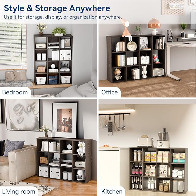 Whitmor 12 Cube Storage Organizer, 4 Tier Stackable Mdf Wood Bookcase, Open - Image 7