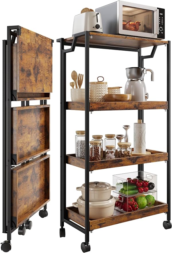 GarveeHome Large 4-Tier Wooden Foldable Kitchen Storage Shelf | No Assembly by GarveeHome