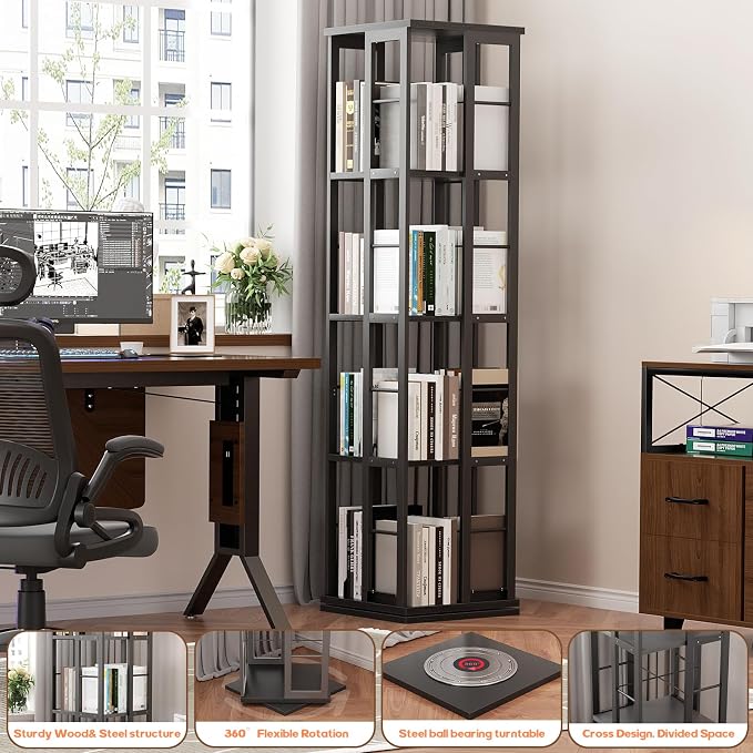 Aheaplus Rotating Bookshelf, Corner Bookshelf, 360 Display Wood Spinning - Image 6