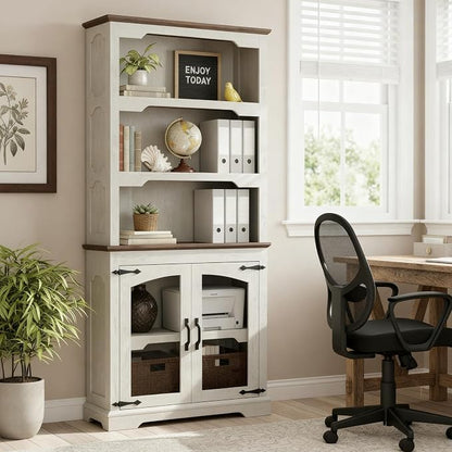 70 Inch Farmhouse Bookcase, Distressed White and Walnut Two-Tone Shelves by Unknown