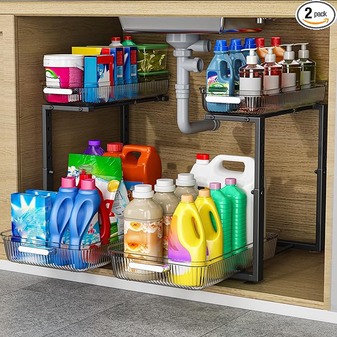 ARSTPEOE 2 Pack Double Sliding Under Sink Organizers and Storage, Two Tier by ARSTPEOENeatChic
