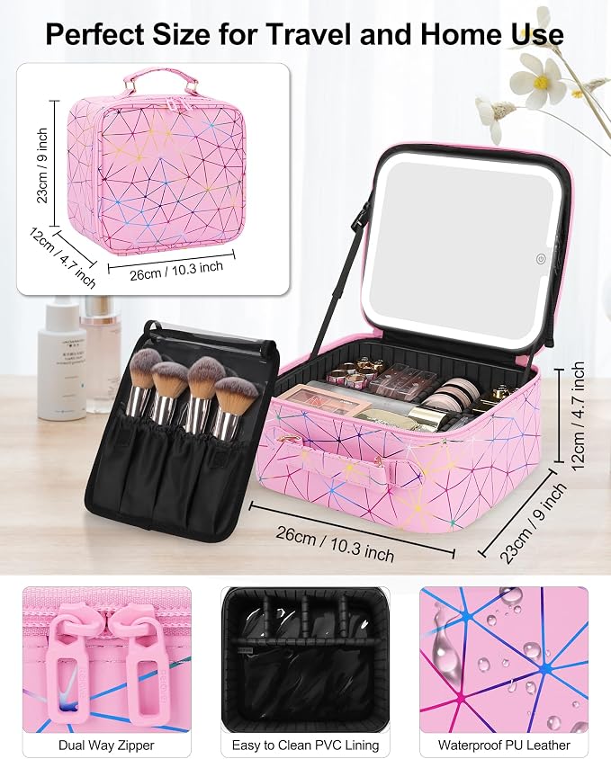 Relavel Travel Makeup Bag with LED Mirror, Portable Cosmetic Train Case with 3 - Image 2