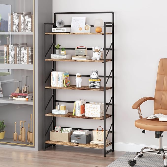 JSB Folding Bookshelf, Industrial Storage Shelves, No Assembly Vintage Wood - Image 2