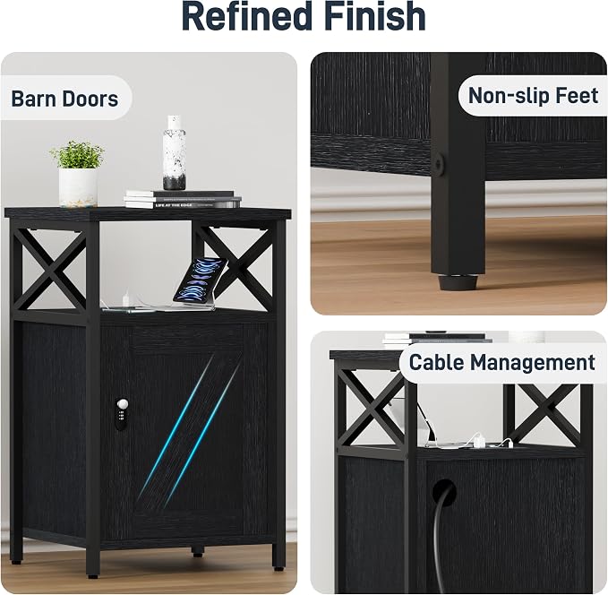 Night Stand Set 2 with Charging Station and Lock, Wooden Nightstands, Lockable - Image 7