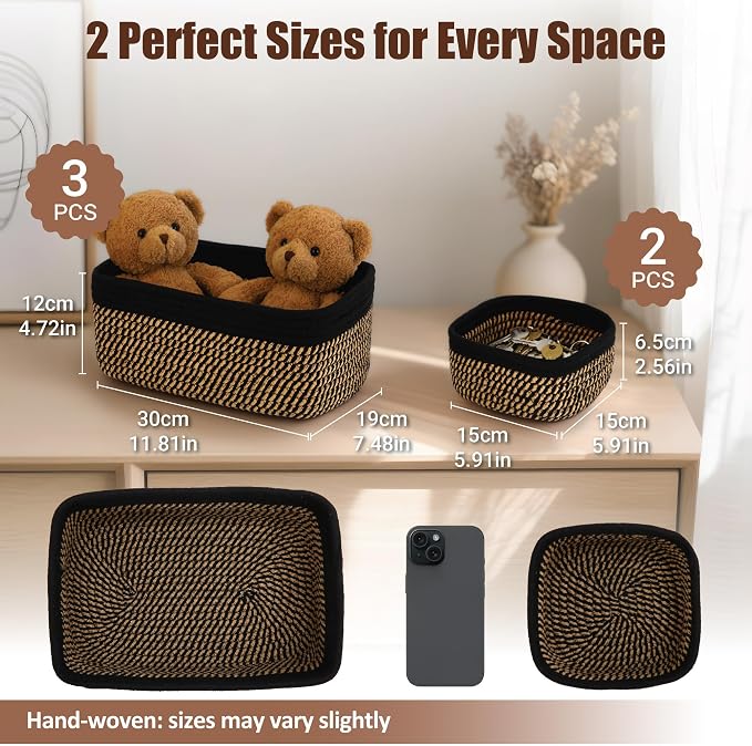 5-Pack Small Woven Rope Storage Baskets, 2 Sizes Organizer Bins | Fabric Cube - Image 2
