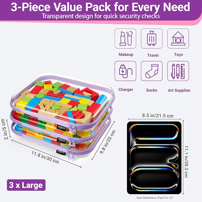 YQBRAO 3-Pack Large Clear Hard Shell Zipper Case, 1.2mm Ultra-Thick Rigid Toy & - Image 4