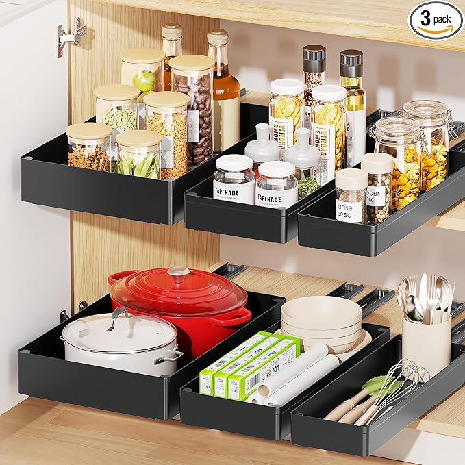 Delamu 3 Pack Pull Out Cabinet Organizer, 15.7" Deep Pull Out Drawers by DELAMU