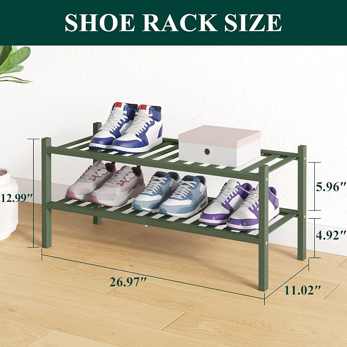 Smiry Bamboo Shoe Rack for Closet, 2 Tier Wooden Stackable Shoe Organizer - Image 2