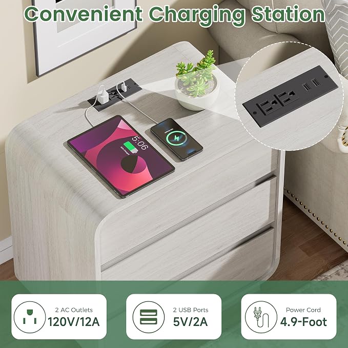 White Nightstand Set of 2 with Charging Station, 23.2" Wide Wood Bedside Table - Image 3