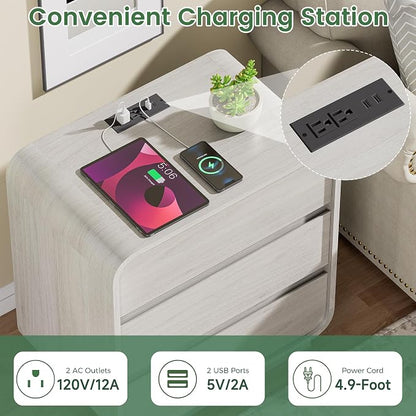 White Nightstand with Charging Station, Modern Curved End Table with 3 Storage - Image 3