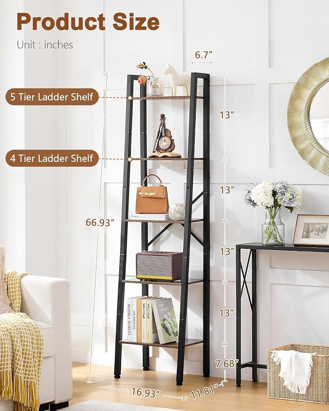 Hoctieon 5-Tier Industrial Ladder Bookshelf, Narrow Ladder Shelf, Tall Standing - Image 2