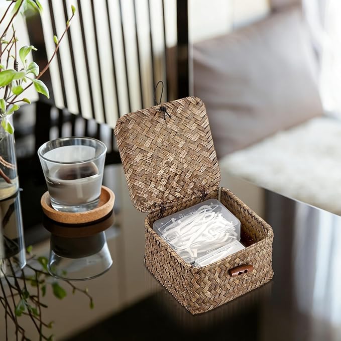 Hipiwe Handwoven Seagrass Basket Bin Small Decorative Shelf Basket Boxes - Image 2