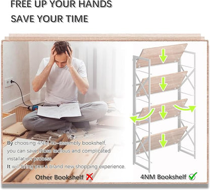 4NM 4 Tiers No Assembly Book Shelves, 41.3" H Folding Bookshelf Bookcase Open - Image 7