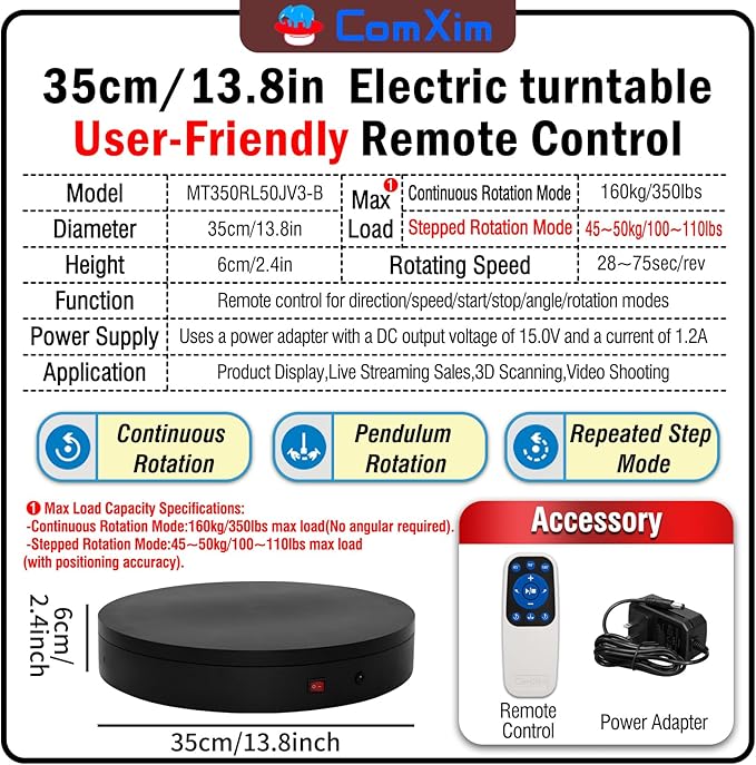 13.8Inch/35cm Remote 360 Rotating Platform, 400lbs Capacity Electric Motorized - Image 2