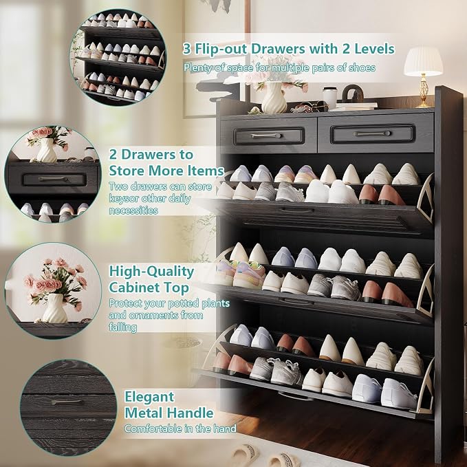 Shoe Cabinet with 3 Large Flip Drawers and 2 Storage Drawers, Narrow Shoe - Image 3