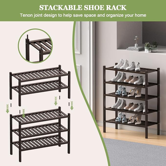 2 Tier Bamboo Shoe Rack for Closet Free Standing Wood Shoe Shelf for Entryway - Image 5