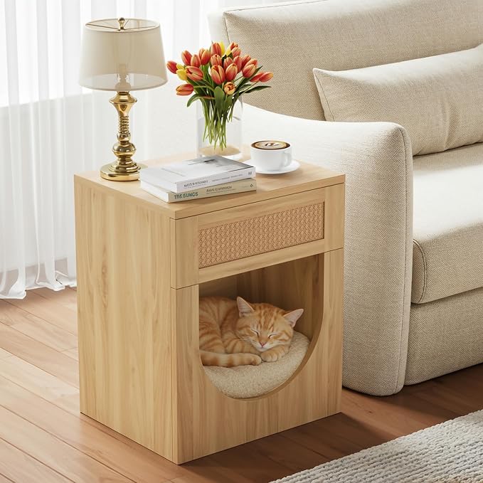 End Table with Drawer, 20 Inch Artificial Rattan Night Stand by LIKEMET