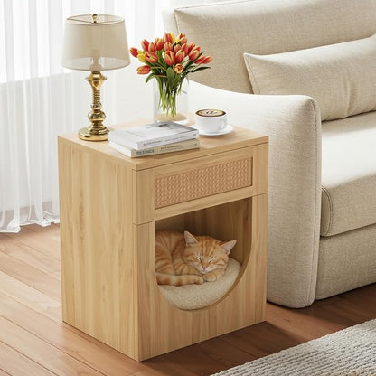 End Table with Drawer, 20 Inch Artificial Rattan Night Stand by LIKEMET