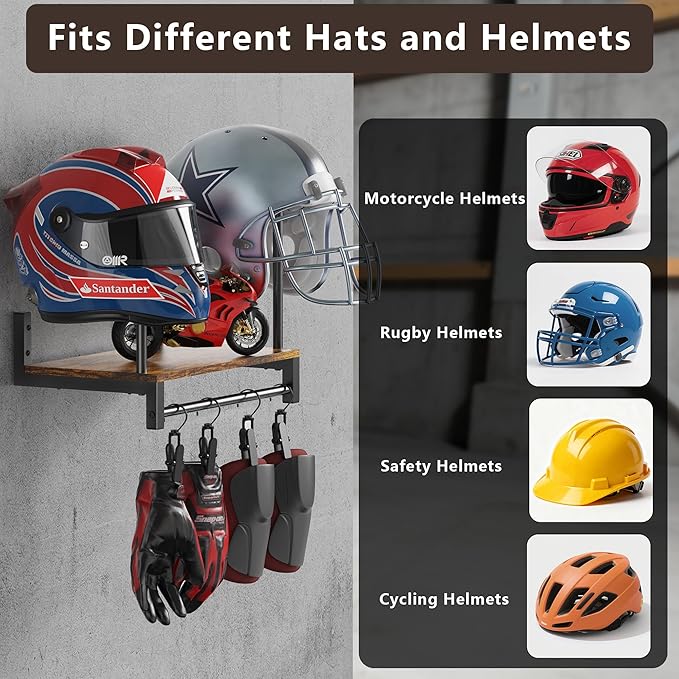 Automotive Helmet Holder Wall Mount, Solid Wood and Metal Helmet Rack - Image 2