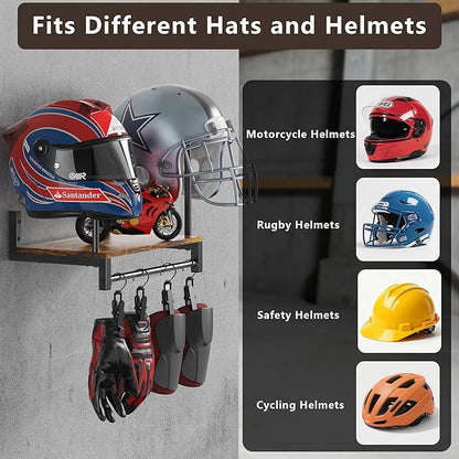 Automotive Helmet Holder Wall Mount, Solid Wood and Metal Helmet Rack - Image 2