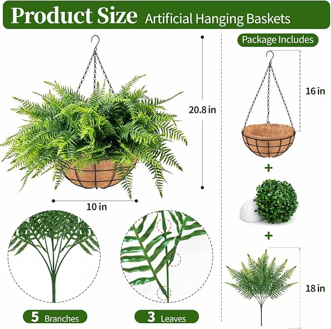 Fake Hanging Plants Fern Baskets, Artificial Ferns - Image 3