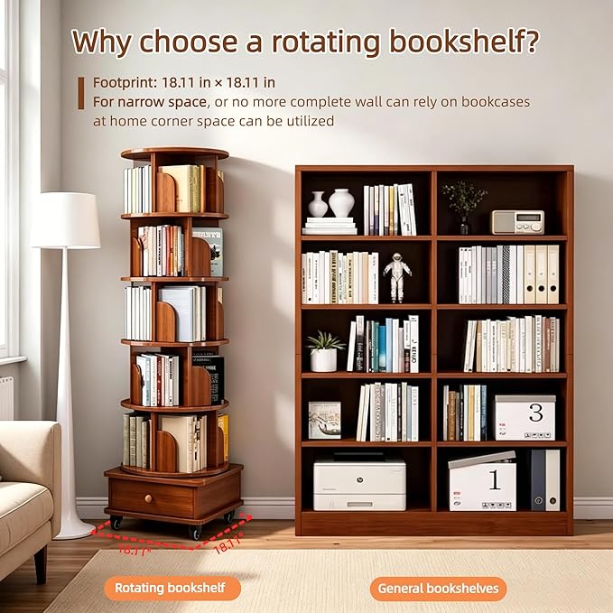 6-Tier Rotating Bookshelf with Storage Cabinet, Walnut Brown | Wood Construction - Image 6