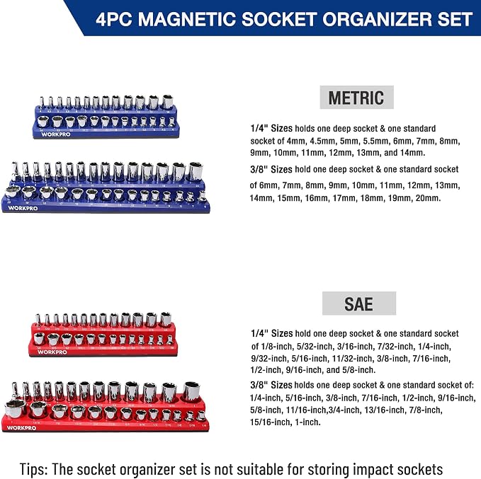 WORKPRO Magnetic Socket Organizer Set, 4-Piece Socket Holder Set Includes 1/4" - Image 2
