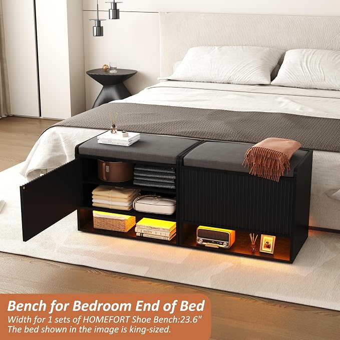HOMEFORT 23.6" Fluted Shoe Storage Bench, Small Entryway Bench - Image 3