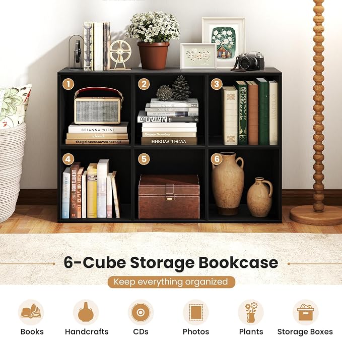 Giantex 6-Cube Bookcase, 3-Tier Cubby Bookshelf, Horizontal Vertical Display - Image 4