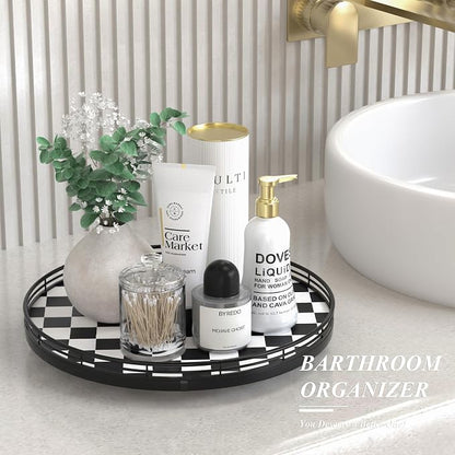 Black and White Kitchen Lazy Susan Turntable – Checkered Round Decorative Tray - Image 3