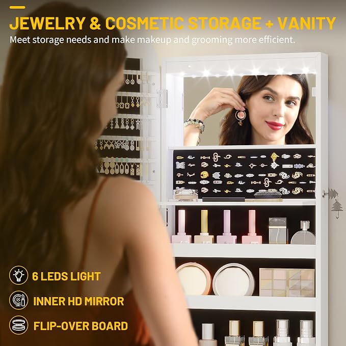 LVSOMT LED Mirror Jewelry Cabinet, Wall/Door Mount Jewelry Mirror Organizer - Image 7