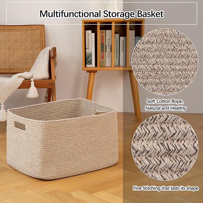 OIAHOMY 75L Large Blanket Basket, 22”x17”x12” Woven Cotton Rope Storage Basket - Image 8
