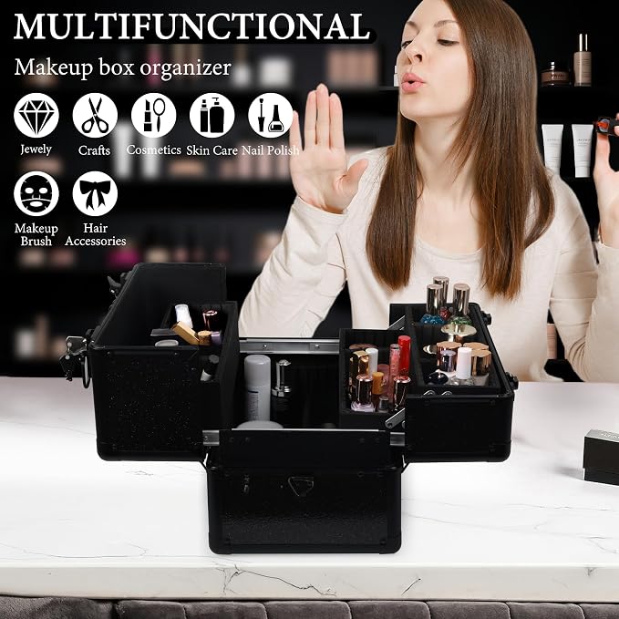 Large Makeup Train Case Cosmetic Organizer Case Makeup Box Portable Make Up - Image 4