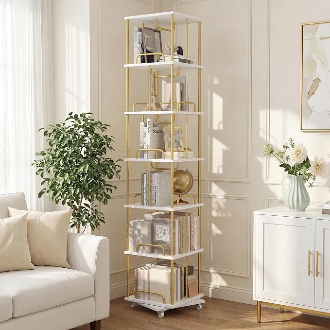 Rotating Bookshelf, 6 Tier Tall Spinning Skinny Book Shelf White | Gold Modern - Image 3