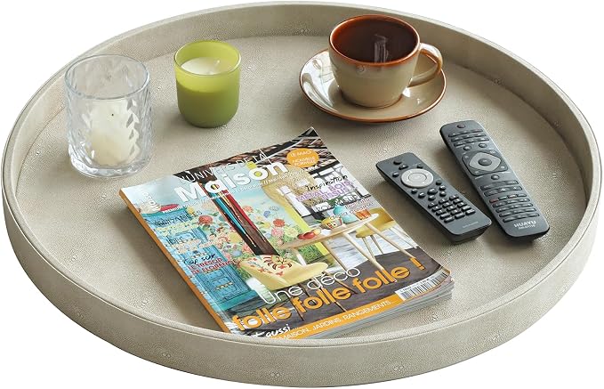 HofferRuffer Large Round Serving Tray 24'', Elegant Faux Leather Circle Ottoman - Image 4
