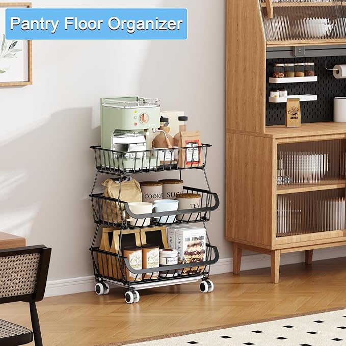 3-Tier Rolling Pantry Floor Organizer, Stackable Pantry Storage Cart - Image 5