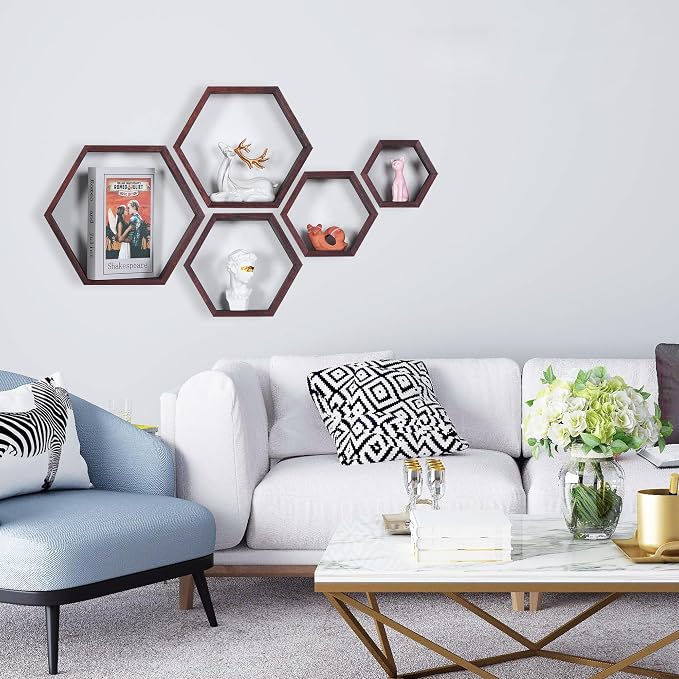 Hexagon Shelves, Floating Wall Shelf, Honeycomb Octagon Cube Shelves Wood | - Image 5