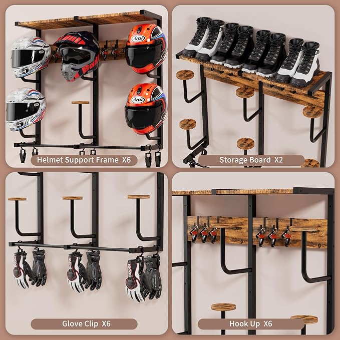 Motorcycle Helmet Rack with 6 J-hooks& 6 Clip Hooks – Wall Mounted Helmet - Image 3