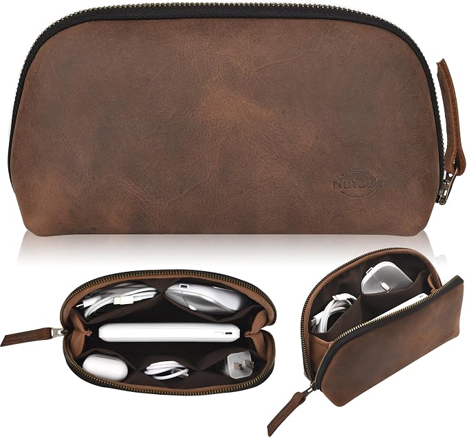 Leather Tech Pouch for Cables Chargers Phone | Tech Bag | Zipper Travel by NUTUCH