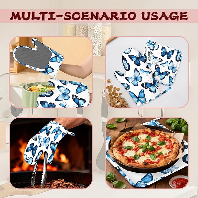 Blue Butterfly Heat-Resistant Silicone Oven Mitts and Pot Holder 4 Piece Set - Image 6