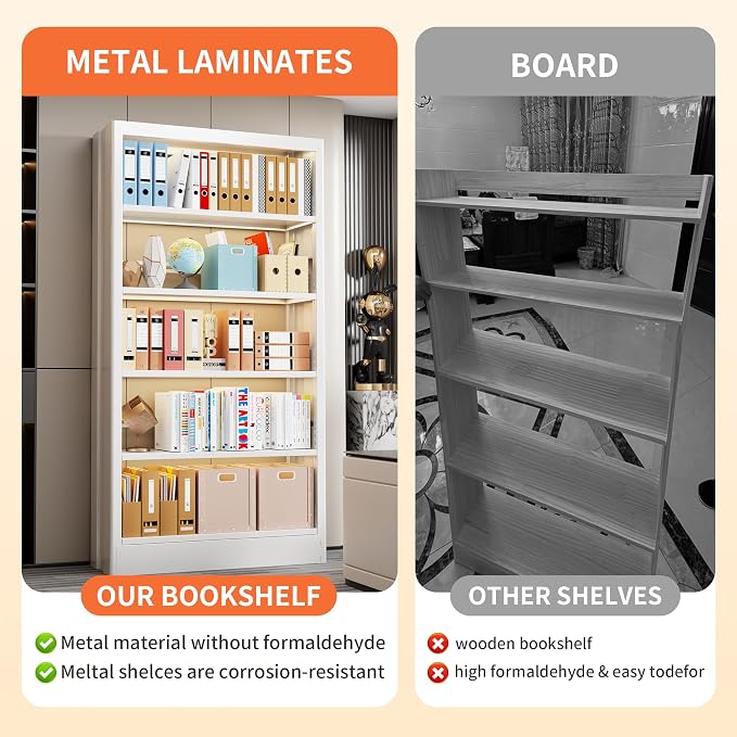 Heavy Duty Metal Bookshelf, 71” Tall 5-Tier Bookcase, Thickened 300LB Capacity - Image 7