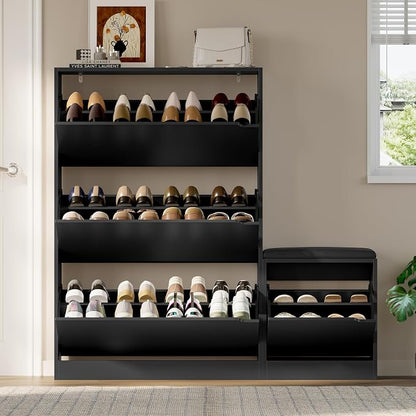 BORNOON Shoe Cabinet with Bench and 3 Flip Drawers, Slim Narrow Shoe Storage - Image 7