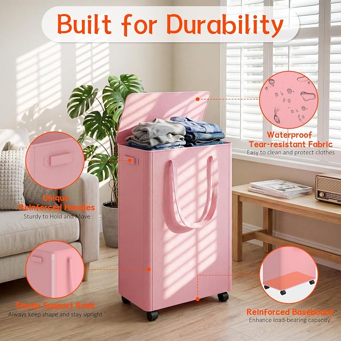 Slim Laundry Hamper with Wheels, 15 Gal Rolling Laundry Basket with lid and - Image 3