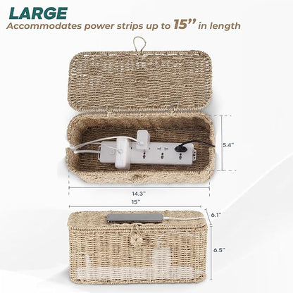 BLUEWEST Large Cable Management Box, Natural Rattan Cable Cord Organizer Boxes - Image 2