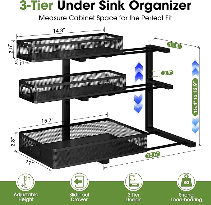 Under Sink Organizer 3 Tier, 2 Pack L-Shaped Pull-Out Cabinet Organizer - Image 8