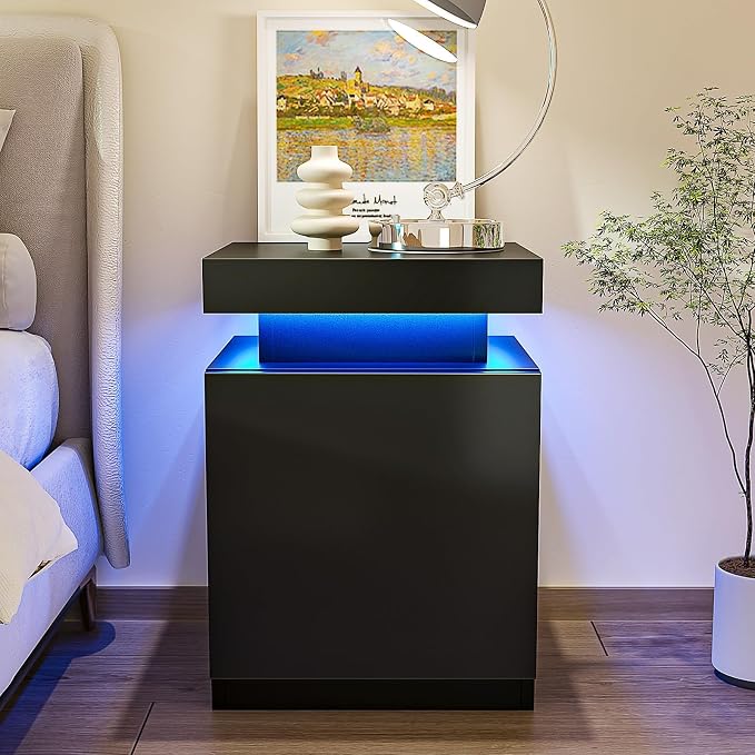 MXV Nightstand with LED Lights & Charging Station, Storage Cabinet & Drawers - Image 9